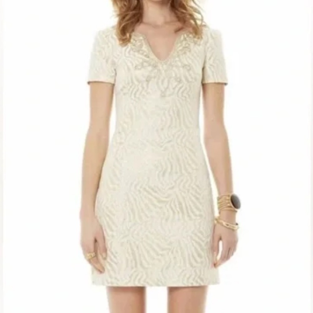 Lilly Pulitzer Milannia Gold Metallic Zebra Stripe Jacquard Shift Dress Size 8